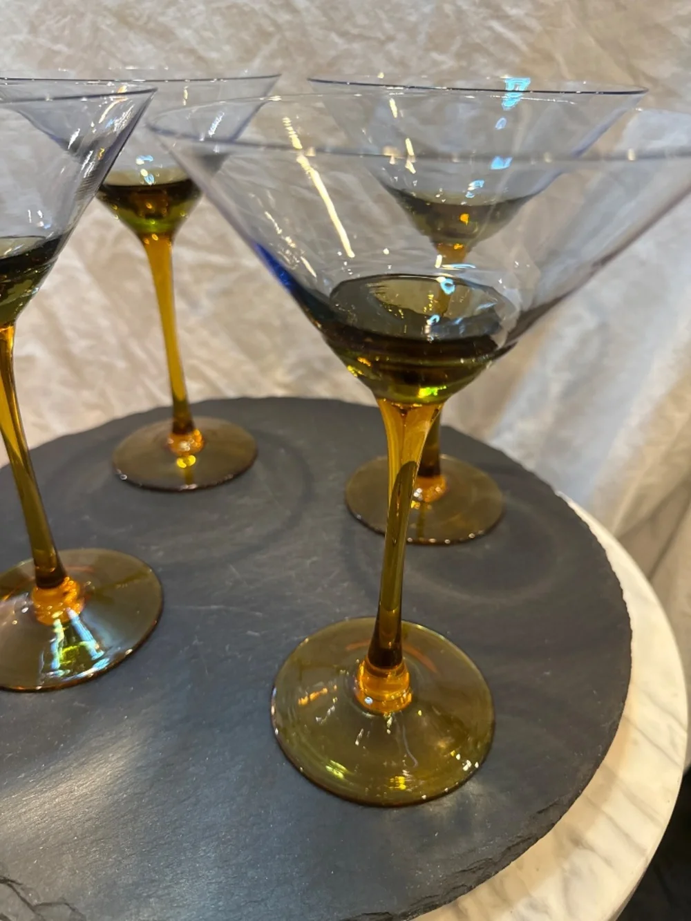 Set a four vintage pure one hand blown art glass martini Amber stem blue bowl